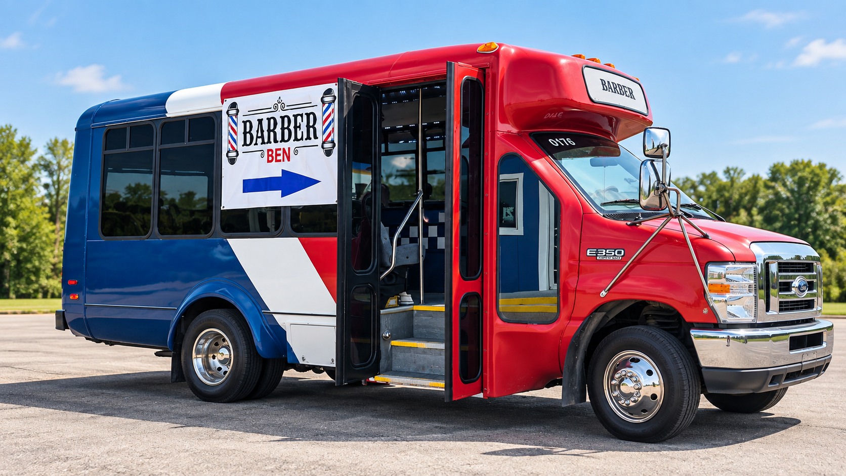 Ben's Barber Bus, a red, white and blue shuttle bus with a Barber Ben sign and open doors