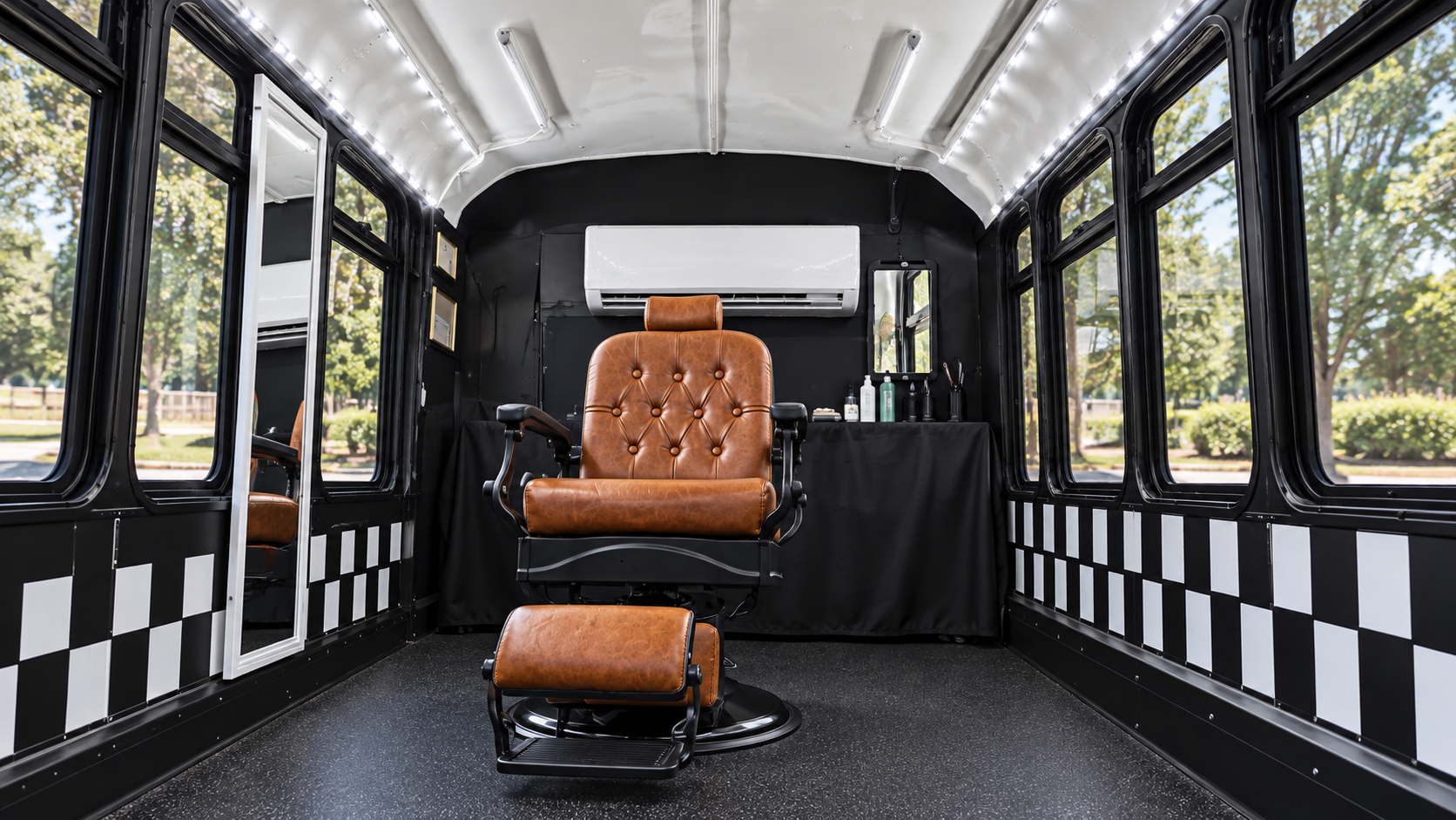 Inside the bus: a tan tufted leather barber chair, checkered black and white walls and LED lighting